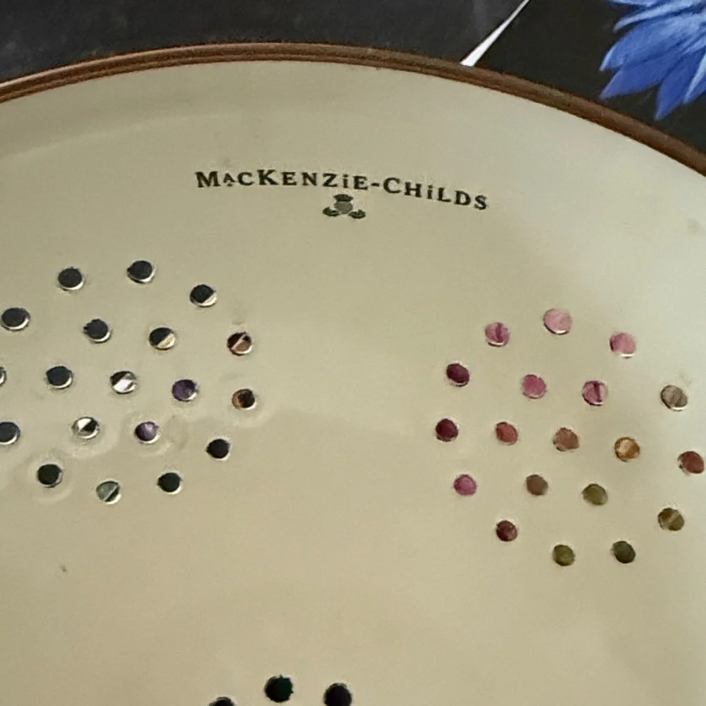 MacKenzie-Childs Floral Cream and Pink Enamel Colander with Gold Trim
